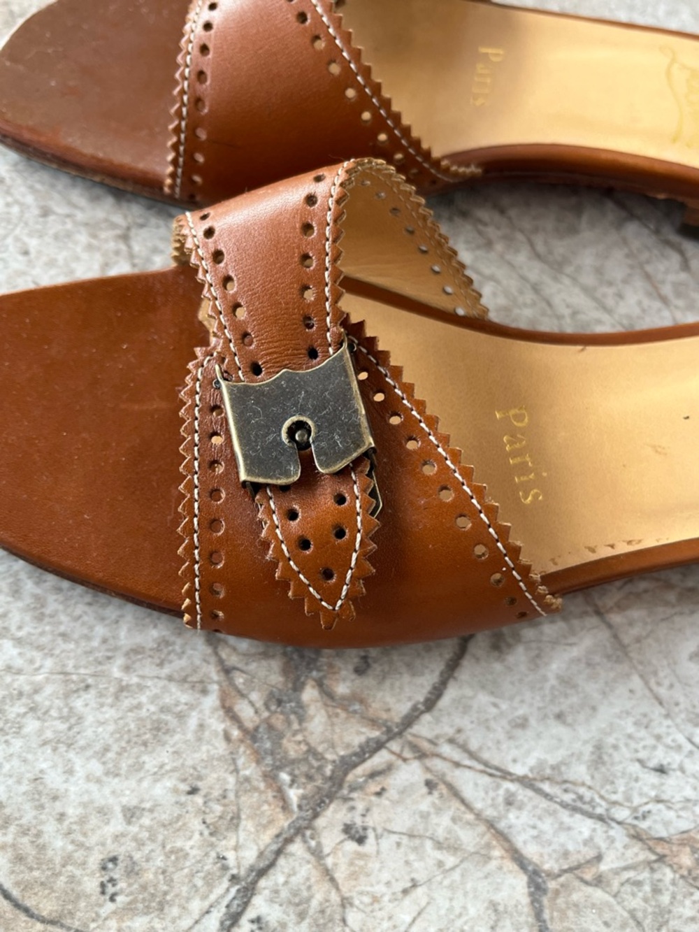 Christian Louboutin Leather Brogue Slides Mules Brown Buckle Sandals - Picture 7 of 10